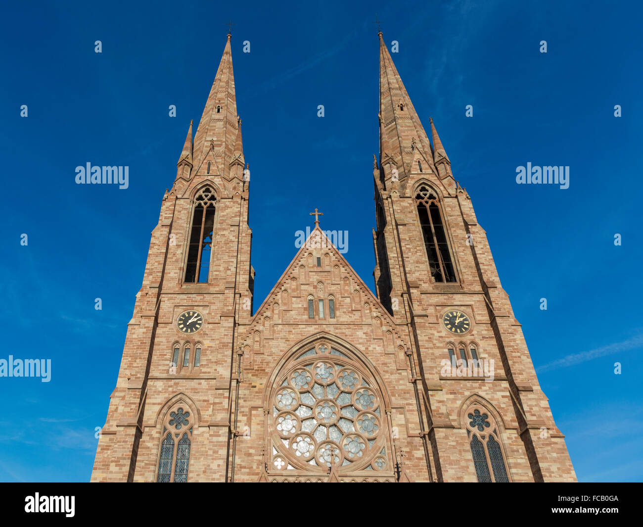 Detail der Fassade auf der St Paul evangelischen Kirche, Straßburg Elsass Frankreich Stockfoto