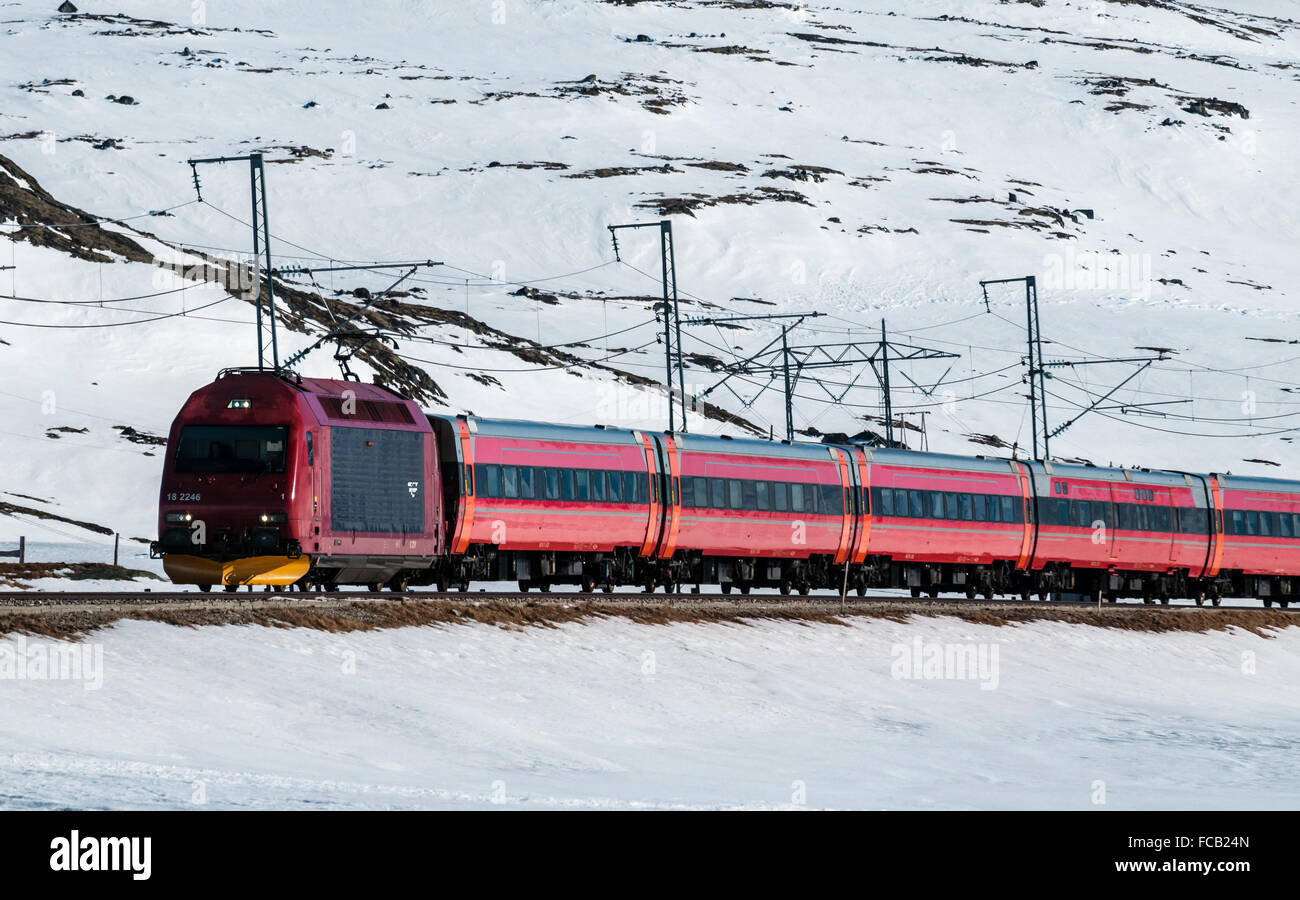 Long Distance Zug Oslo-Bergen, östlich von Finse, Hardangervidda Plateau, Winter, Hordaland, Norwegen Stockfoto