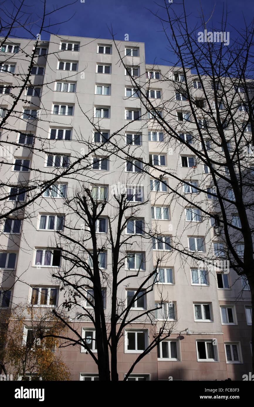 Mehrstöckige Gebäude und Bäume - rue Piat - Belleville - 20. Arrondissement - Paris - Frankreich Stockfoto