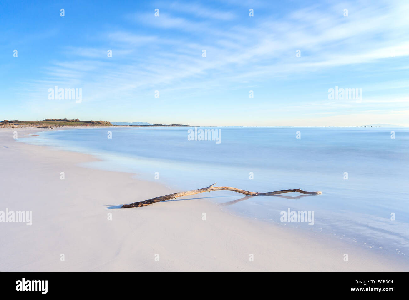 Holz Zweig an einem weißen Strand im Sonnenuntergang. Langzeitbelichtung Fotografie. Stockfoto