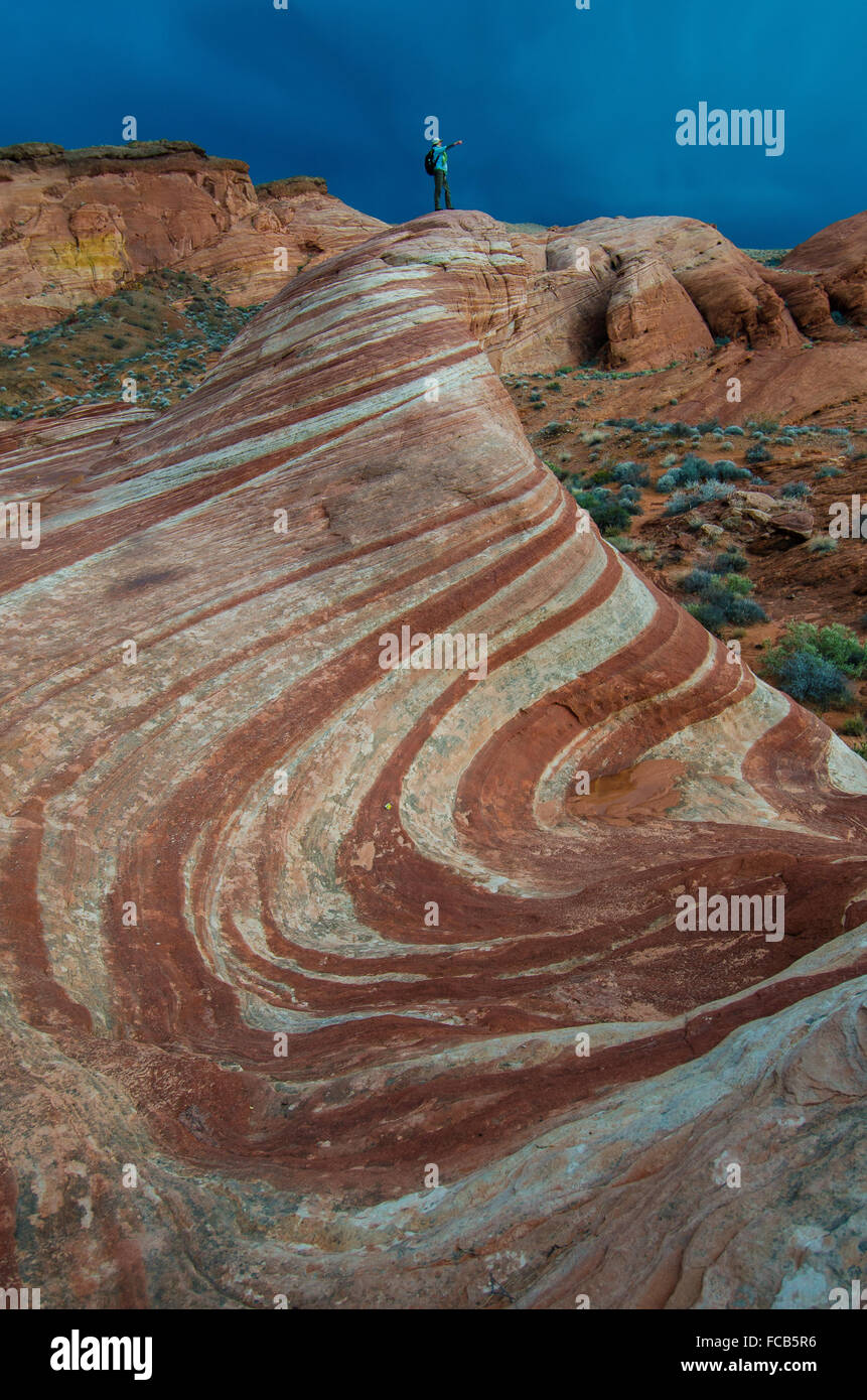 Bedrohliche Wolken gleiten Sie vorbei an den wirbelnden roten Felsen Streifung des Valley of Fire State Park. Stockfoto