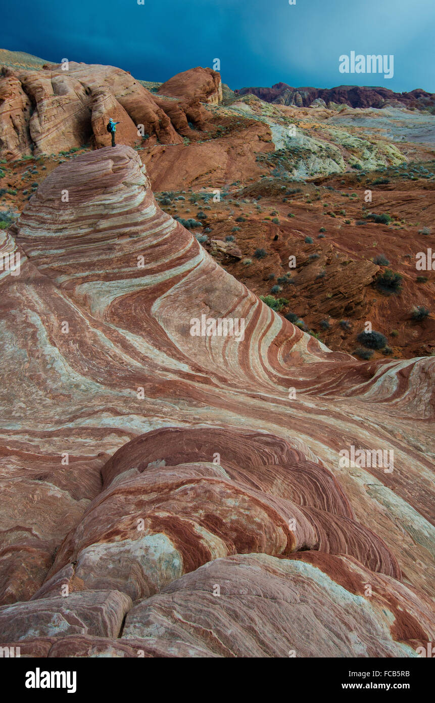 Bedrohliche Wolken gleiten Sie vorbei an den wirbelnden roten Felsen Streifung des Valley of Fire State Park. Stockfoto