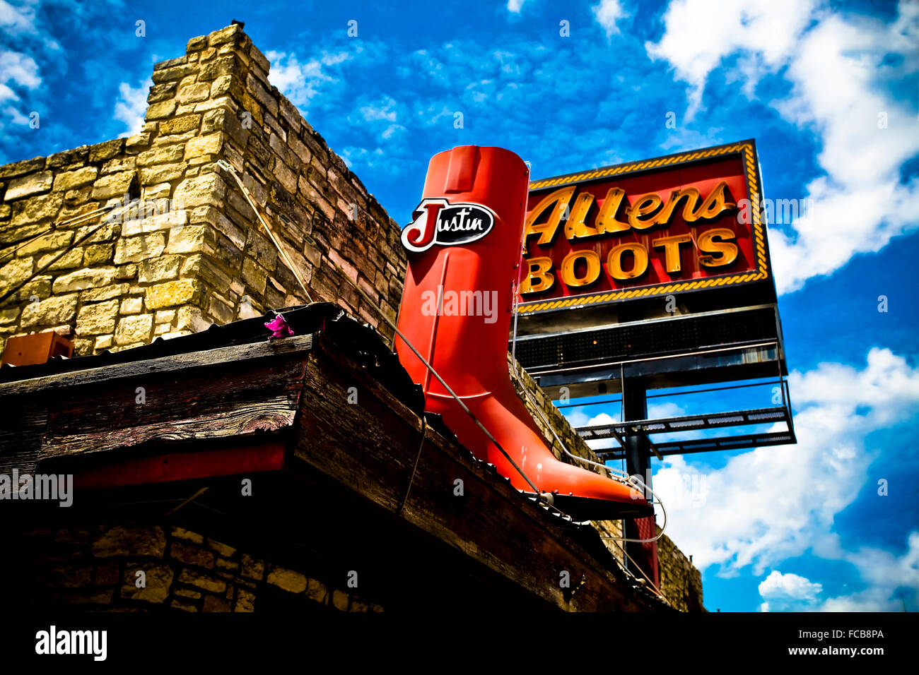 Allen Boots Zeichen und Schaufenster in Austin, Texas. Stockfoto