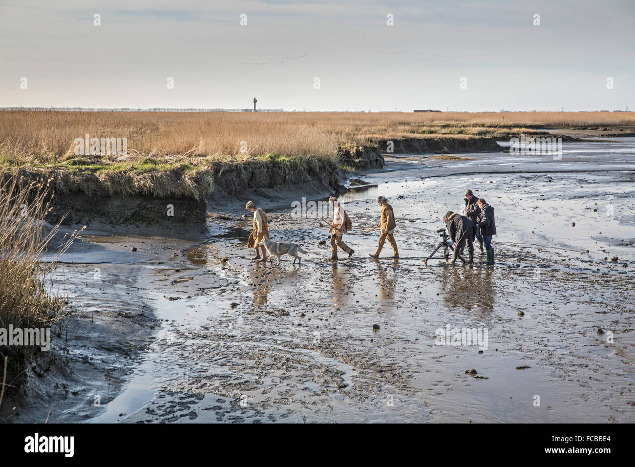 Niederlande, Nieuw Namen Westerschelde Fluss. Naturschutzgebiet Verdronken Land van Saeftinghe. Film-Set. Urmenschen Stockfoto