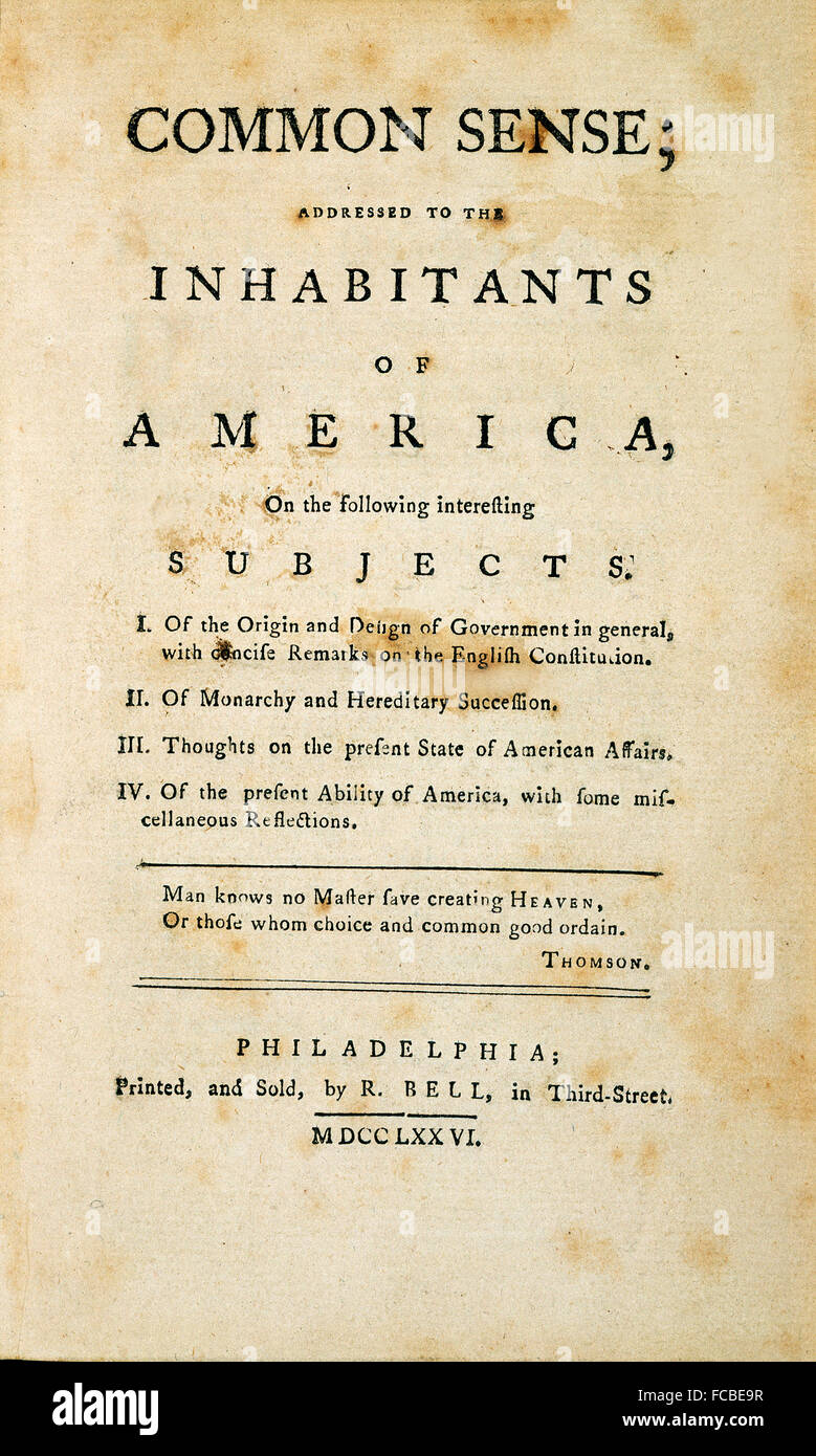 Der gesunde Menschenverstand von Thomas Paine. Titelseite der Broschüre, veröffentlicht im Jahre 1776. Stockfoto