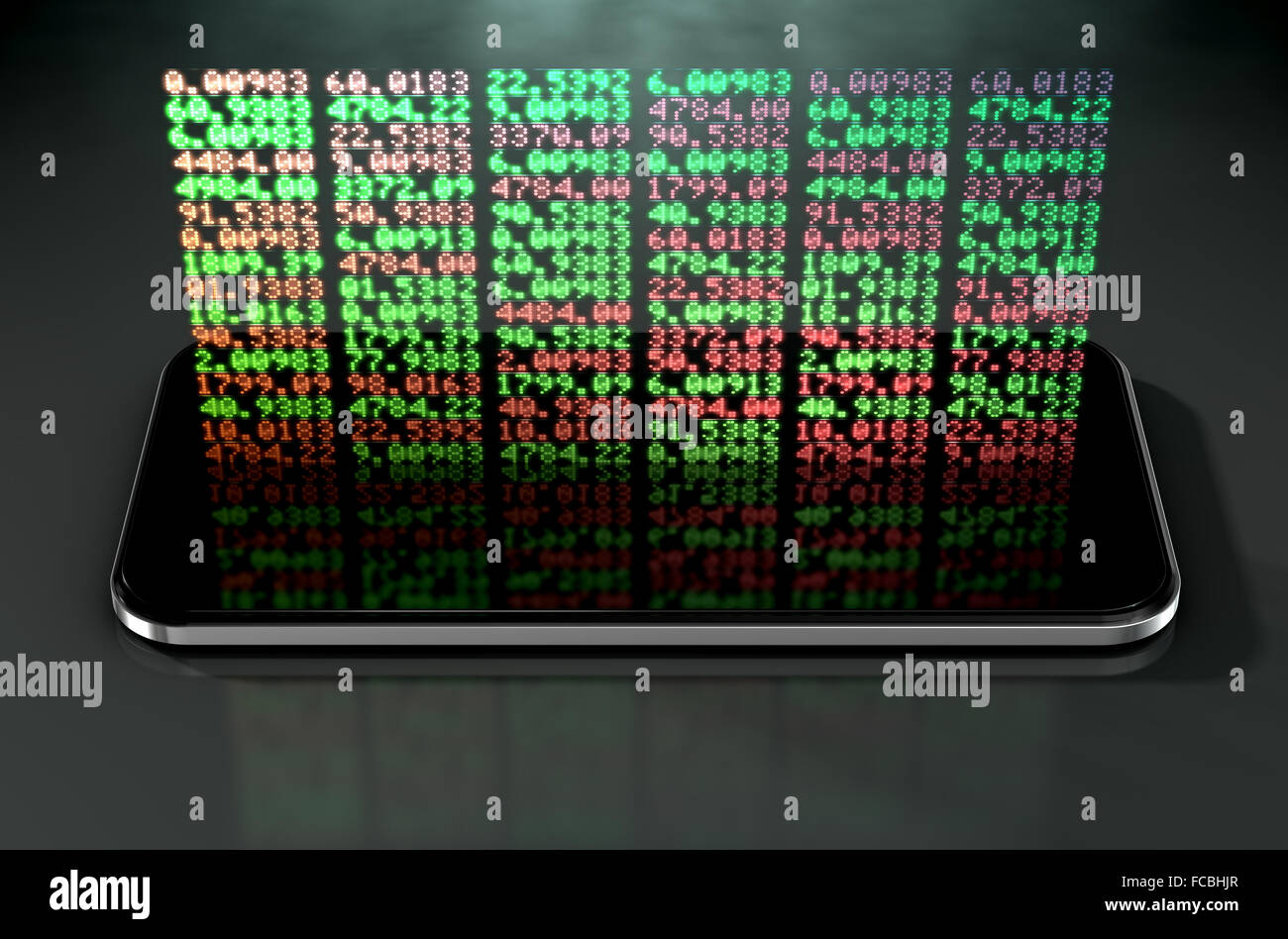 Eine generische Smartphone projiziert ein Hologramm eines digitalen Börse Indikator Board mit grünen und roten Zahlen Stockfoto