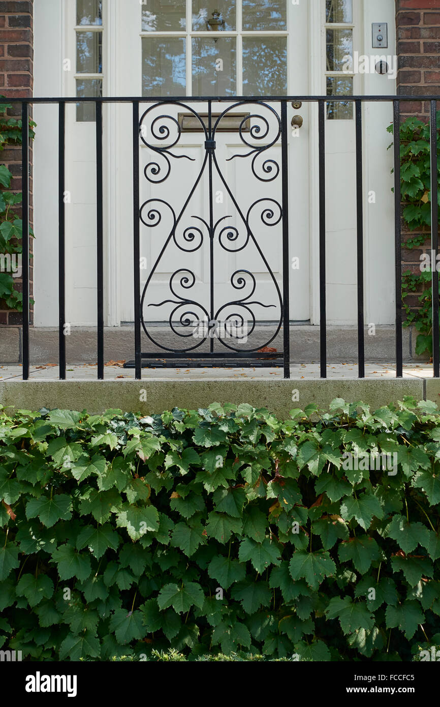 Dekorative Geländer, Efeu und Tür Stockfoto