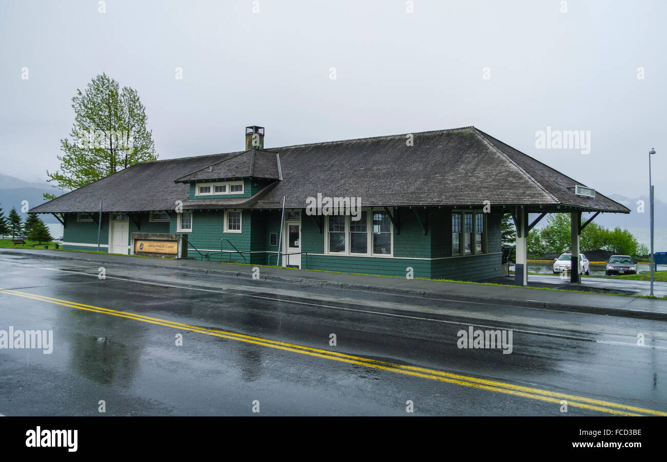 Seward Depot, der ehemalige Bahnhof von Seward, Alaska, USA. Erbaut im Jahre 1917. Verwendet bis 1964, als der Bahnhof verlegt wurde. Stockfoto