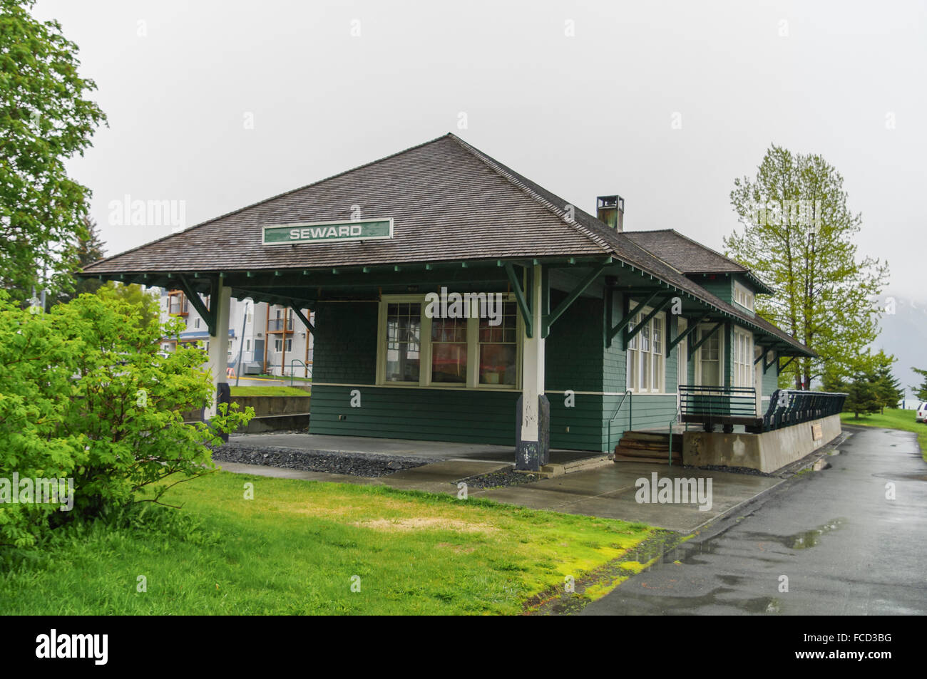 Seward Depot, der ehemalige Bahnhof von Seward, Alaska, USA. Erbaut im Jahre 1917. Verwendet bis 1964, als der Bahnhof verlegt wurde. Stockfoto