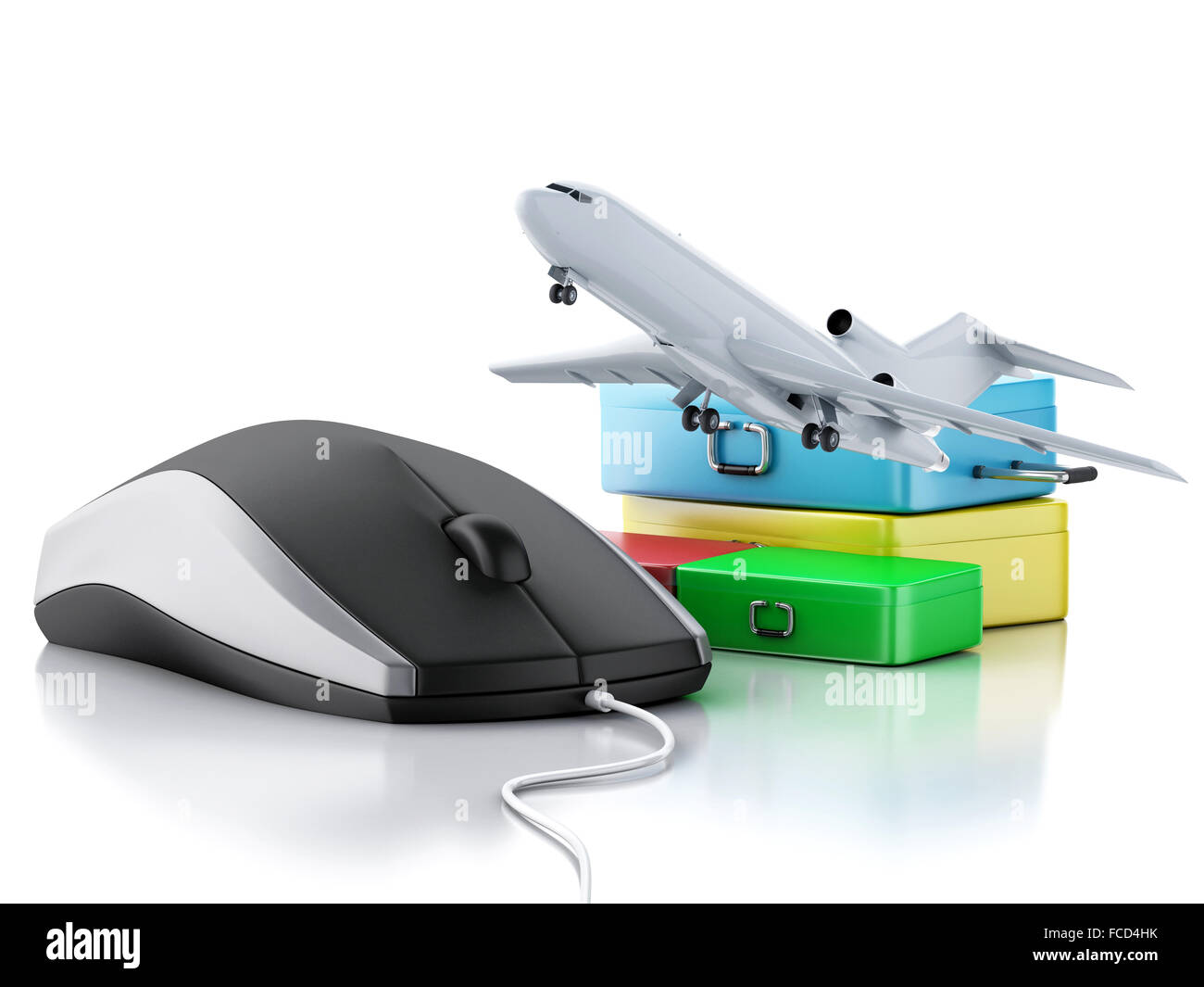 3D Illustration. Flugzeug, Reise-Koffer und Computer-Maus. Online-Buchung Flug oder Reise-Konzept. Isolierten weißen Zeitmessung Stockfoto