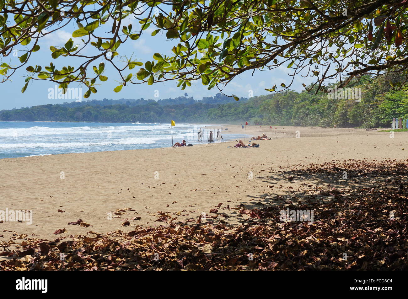 Cocles Strand an der Karibik von Costa Rica, mit Touristen und Pferden, Puerto Viejo de Talamanca Stockfoto