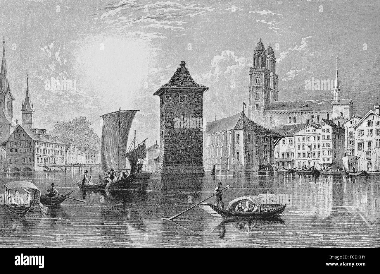 Historische Stadtbild, Stahlstich, Fluss Limmat und Grossmünster, 1835, Zürich, Schweiz Stockfoto