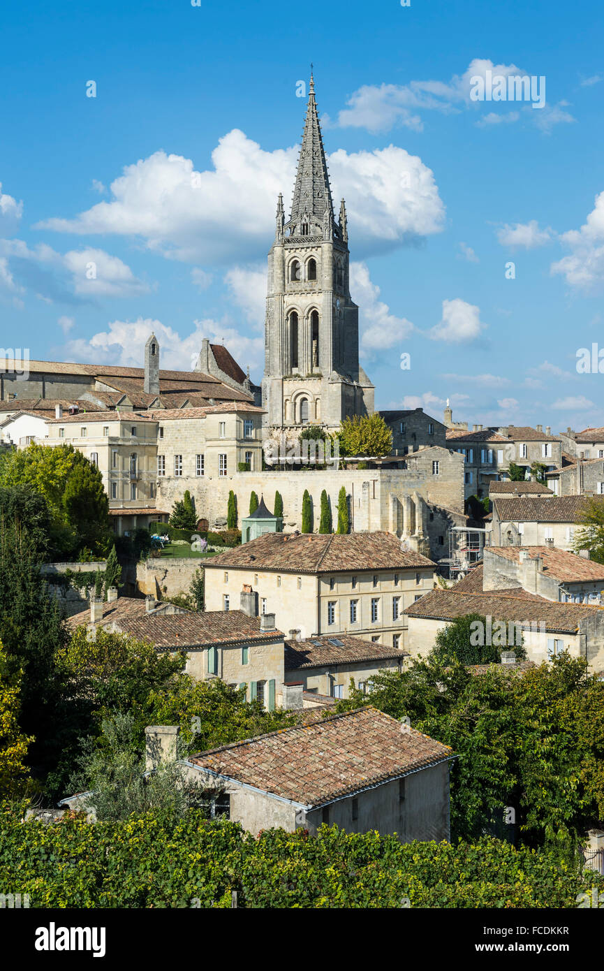Blick über das historische Zentrum mit monolithische Kirche, Saint Emilion, Département Gironde, Frankreich Stockfoto