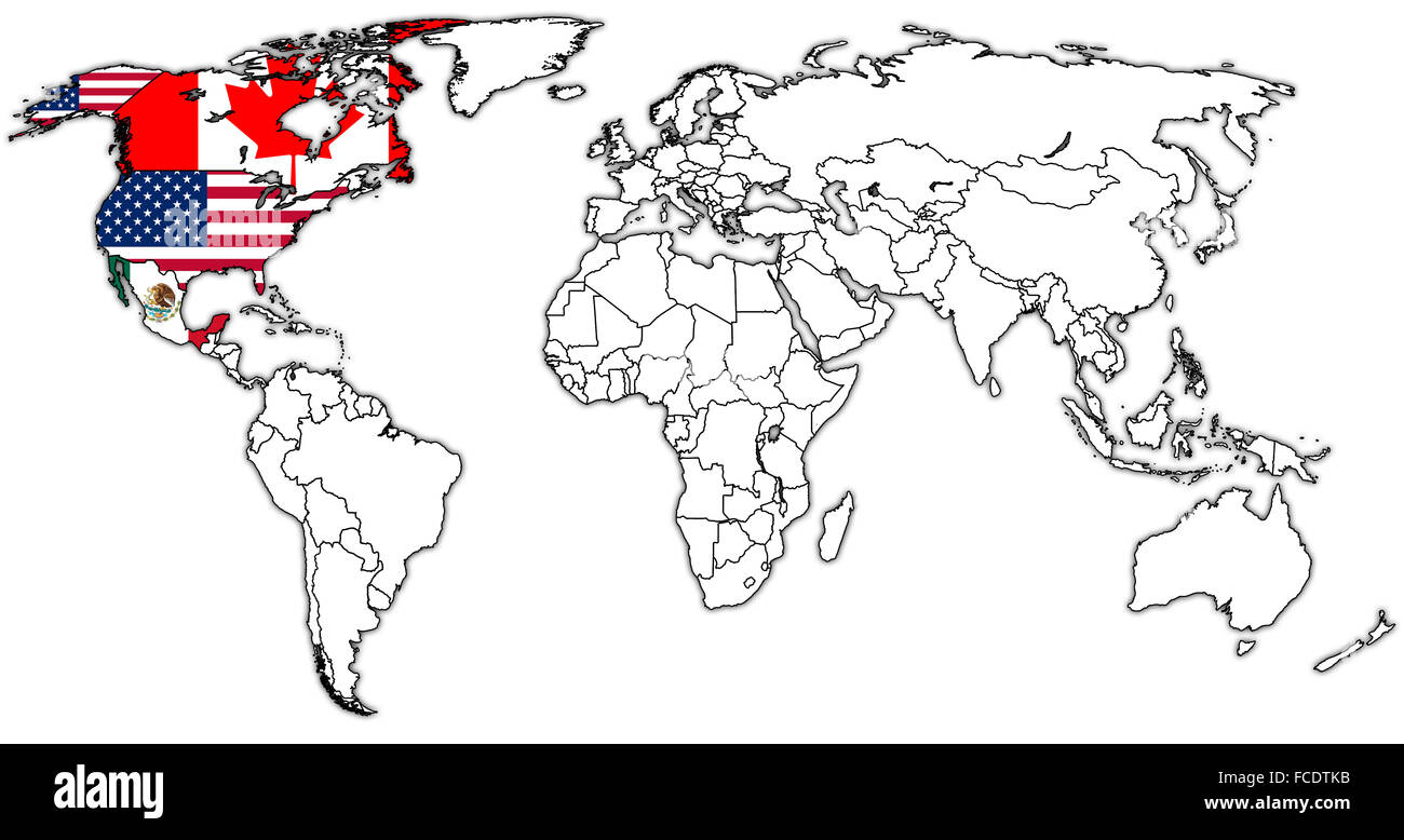 North American Free Trade Agreement auf Weltkarte mit Ländergrenzen Stockfoto