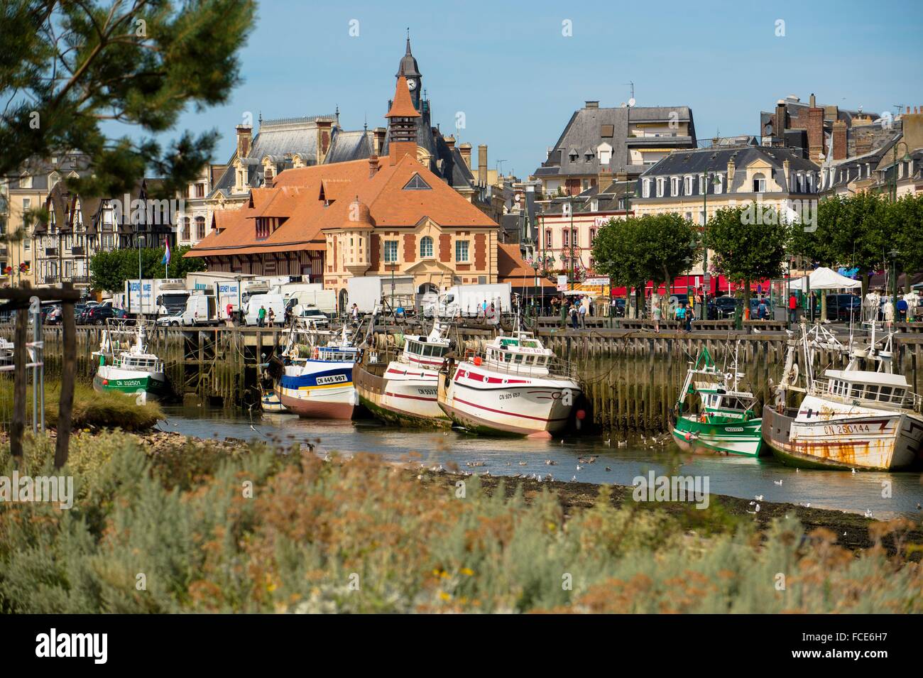 Frankreich, Normandie, die Stadt von Trouville Sur Mer, Banken und Boote bei Ebbe Stockfoto