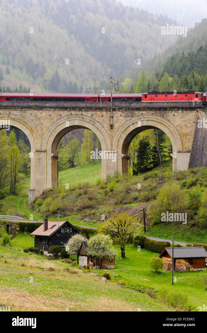 Website-Viadukt Oberer Adlitzgraben, UNESCO-Weltkulturerbe Semmeringbahn, Steiermark, Österreich Stockfoto