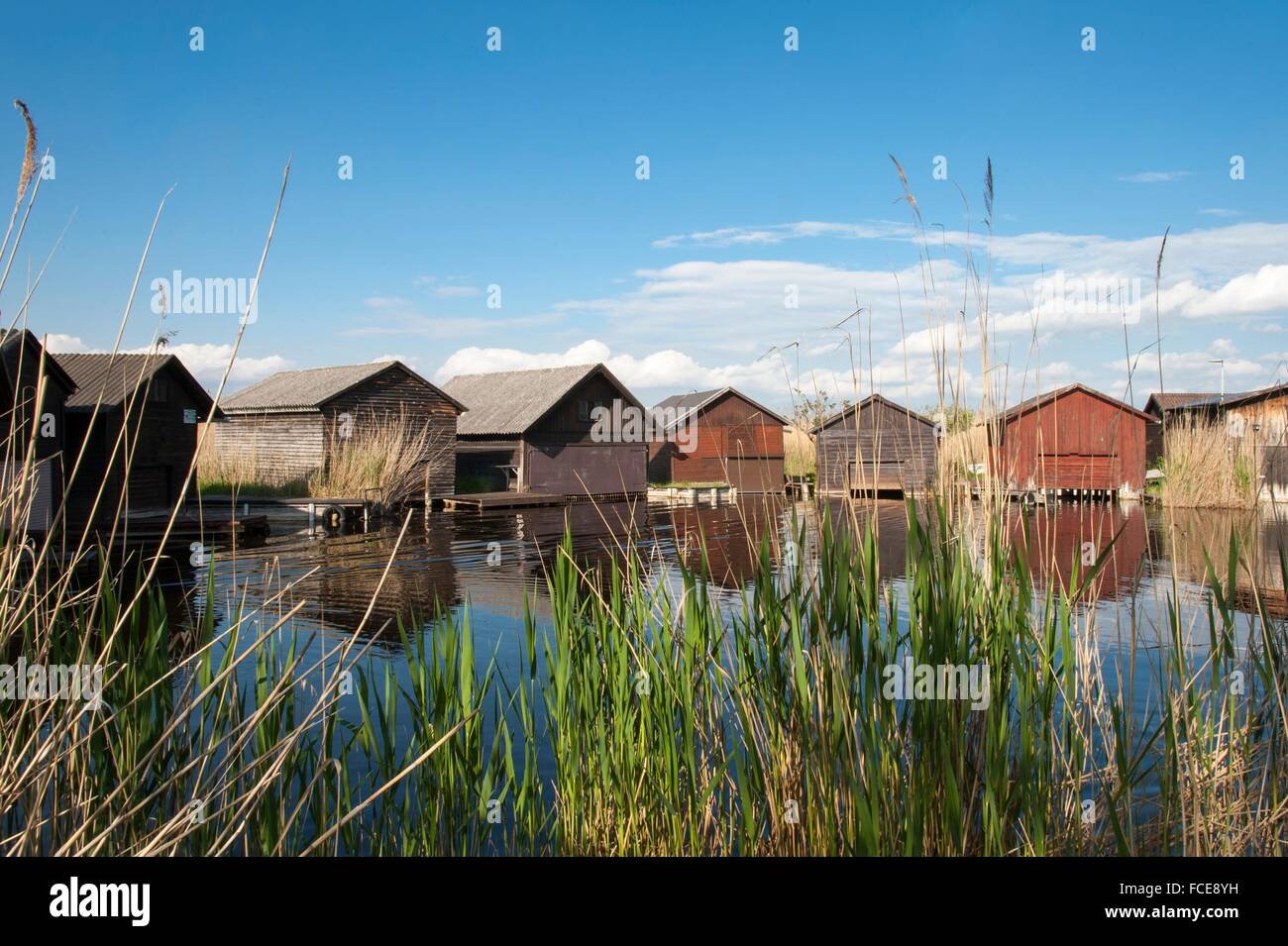 Bootshäuser, Rost, UNESCO-Welterbe Kulturlandschaft Neusiedler See Neusiedlersee, Burgenland, Österreich Stockfoto
