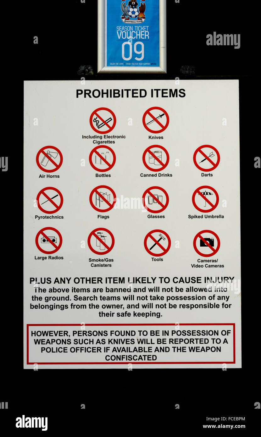 Verboten Elemente Zeichen, Ricoh Arena Stadion, Coventry, UK Stockfoto
