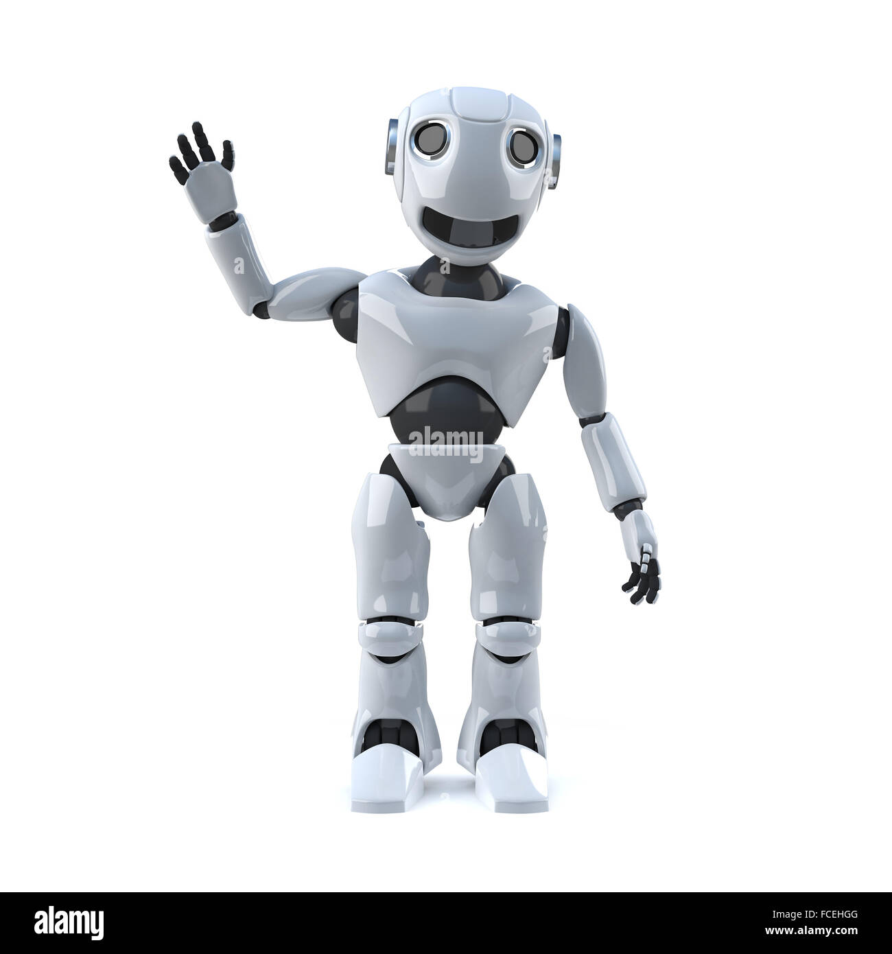 3D Rendering eines Roboters schwenkte seine Hand in die Luft. Stockfoto