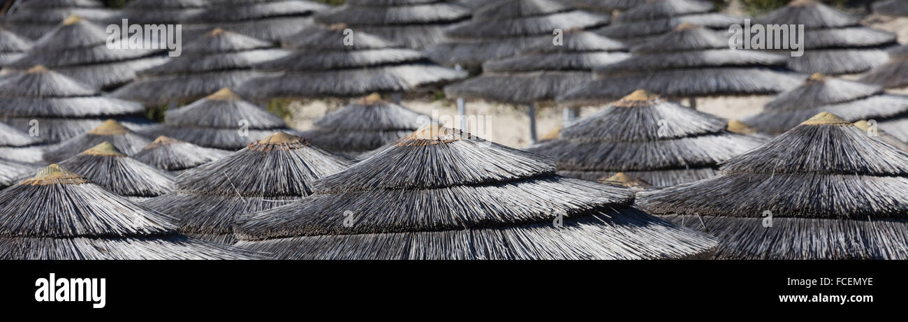 Detail der geflochtenen Sonnenschirme über Reihen am Strand in Zypern. Stockfoto