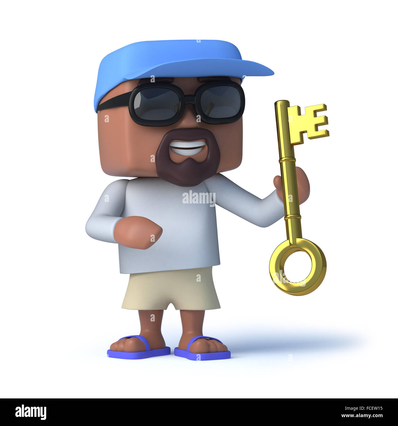 3D Render von einem Seemann Kumpel hält einen goldenen Schlüssel. Stockfoto