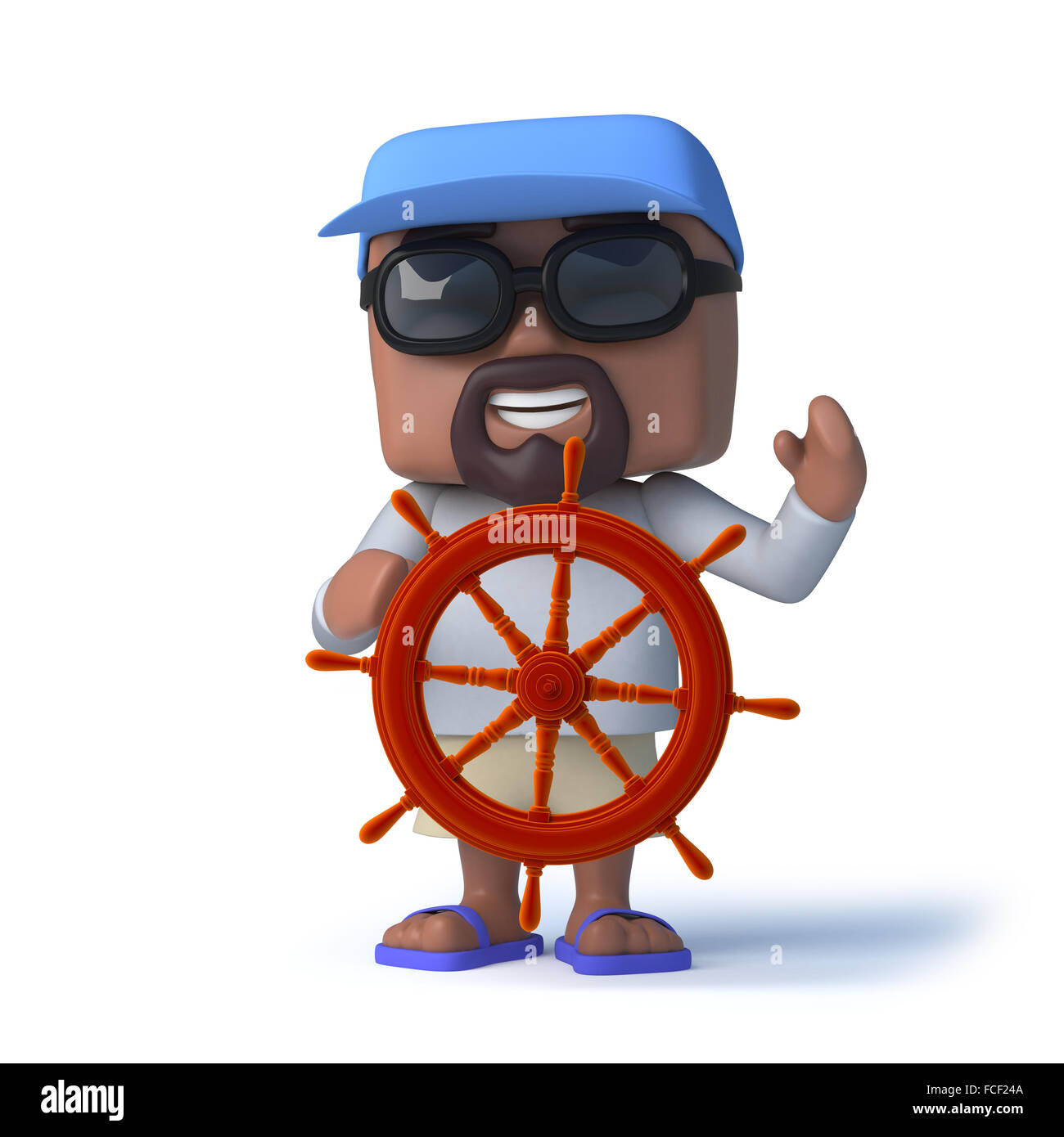 3D Render von einem Seemann Kumpel seine Yacht mit einem Schiffe Rad Lenkung. Stockfoto