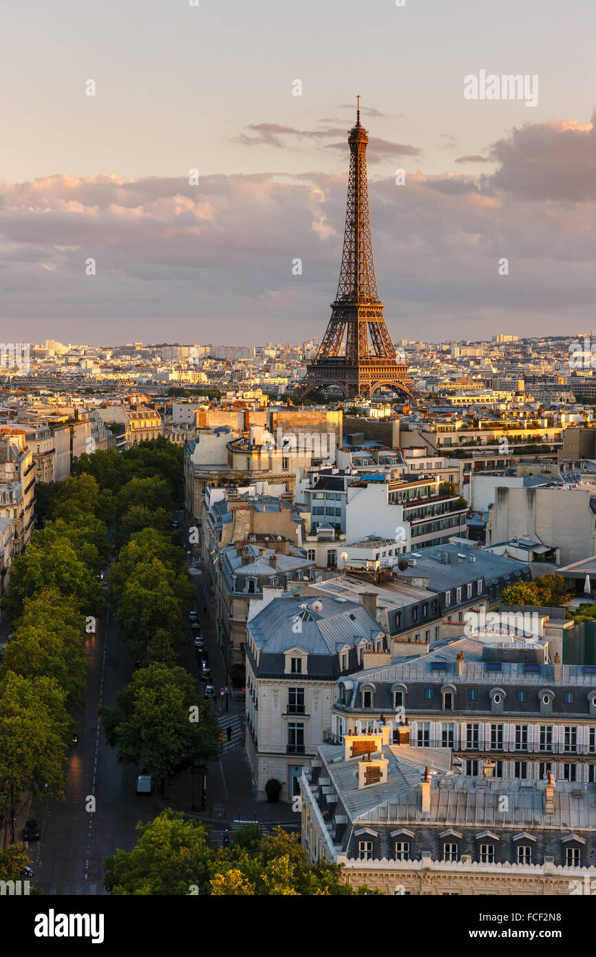 Avenue Iena und Eiffelturm durch einen Sommer Sonnenuntergang beleuchtet. Erhöhten Blick auf 16. Arrondissement Dächer im Herzen von Paris Stockfoto