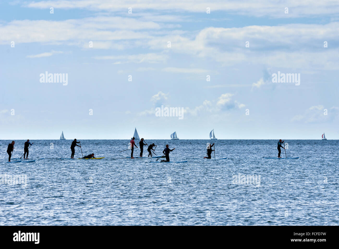 Stand up Paddling oder SUP, im Meer bei Bigbury Bay, Devon Stockfoto