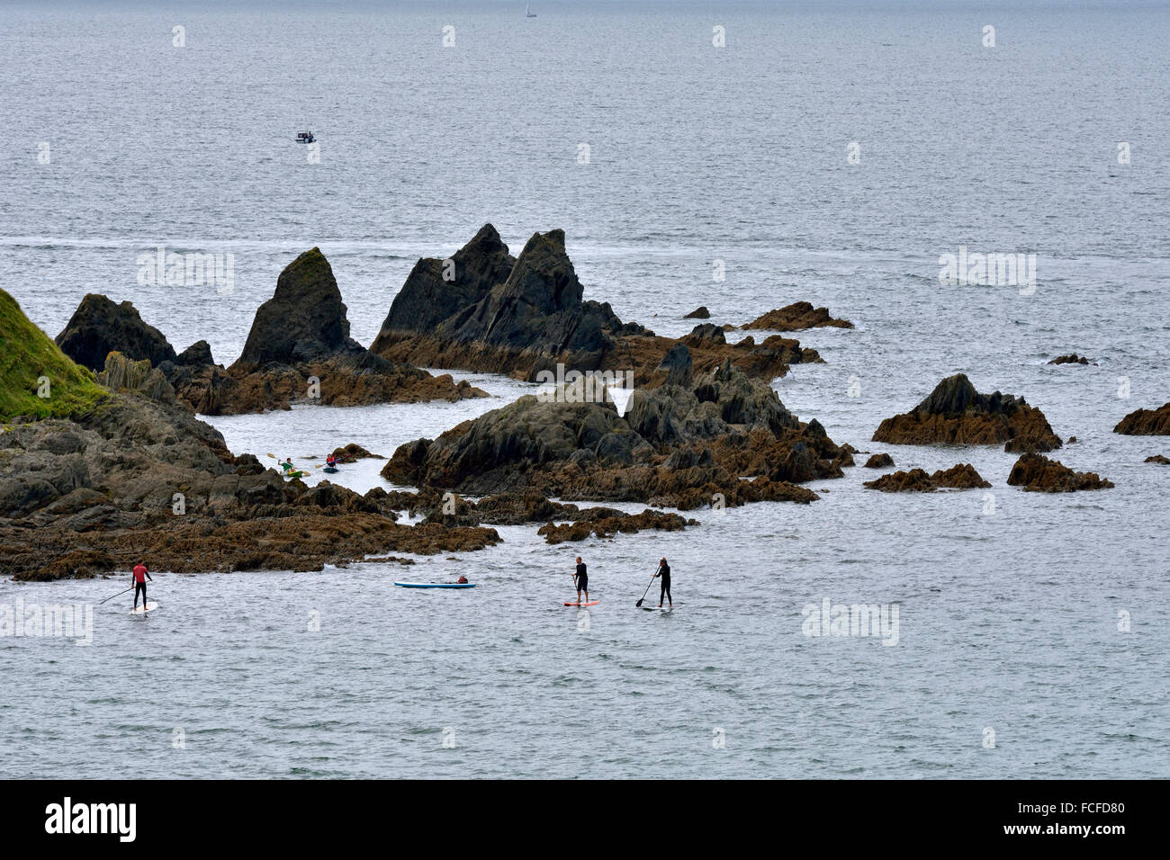 Stand up Paddling oder SUP, im Meer bei Bigbury Bay, Devon Stockfoto