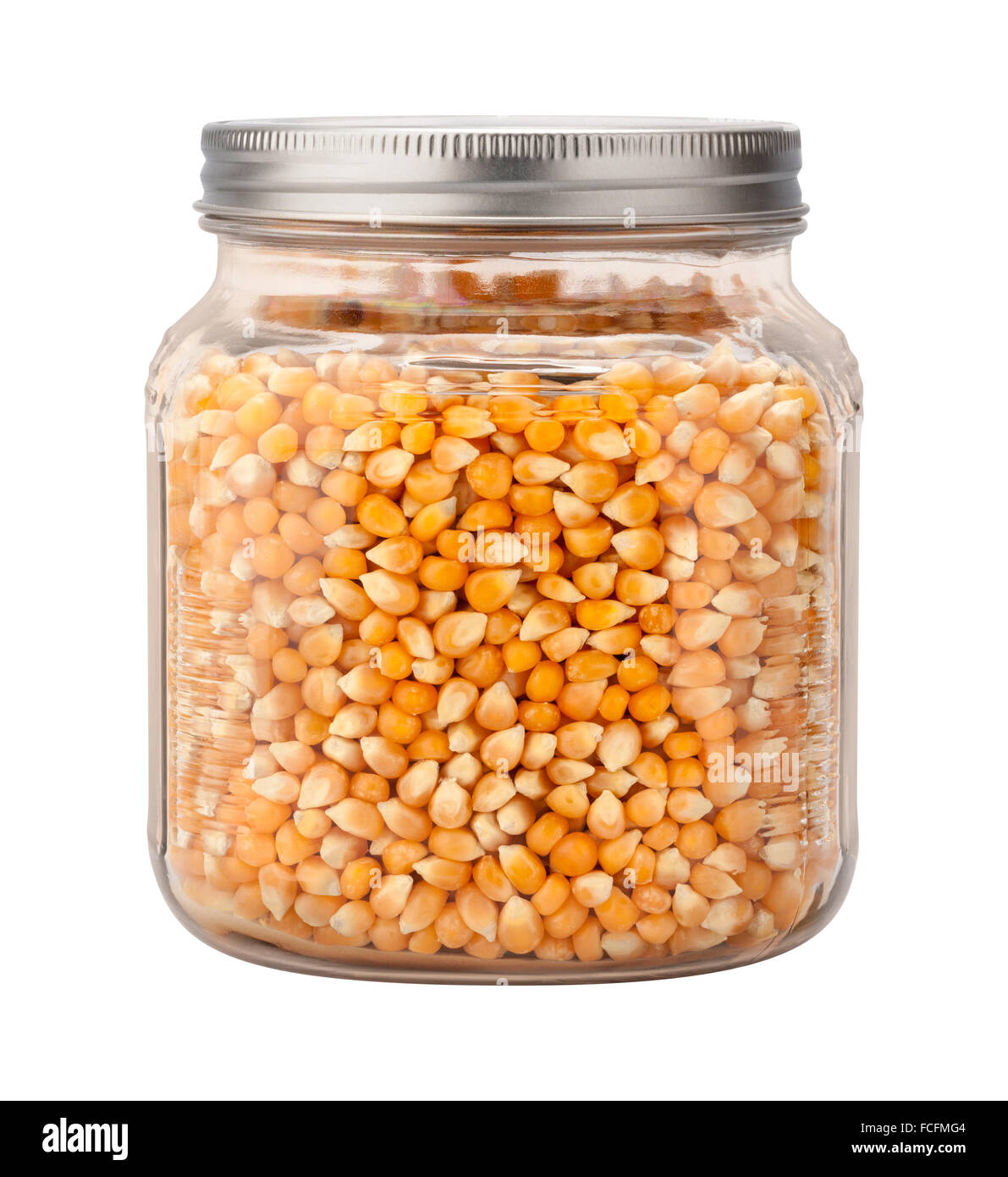 Ungekocht Popcorn im Weckglas Stockfoto