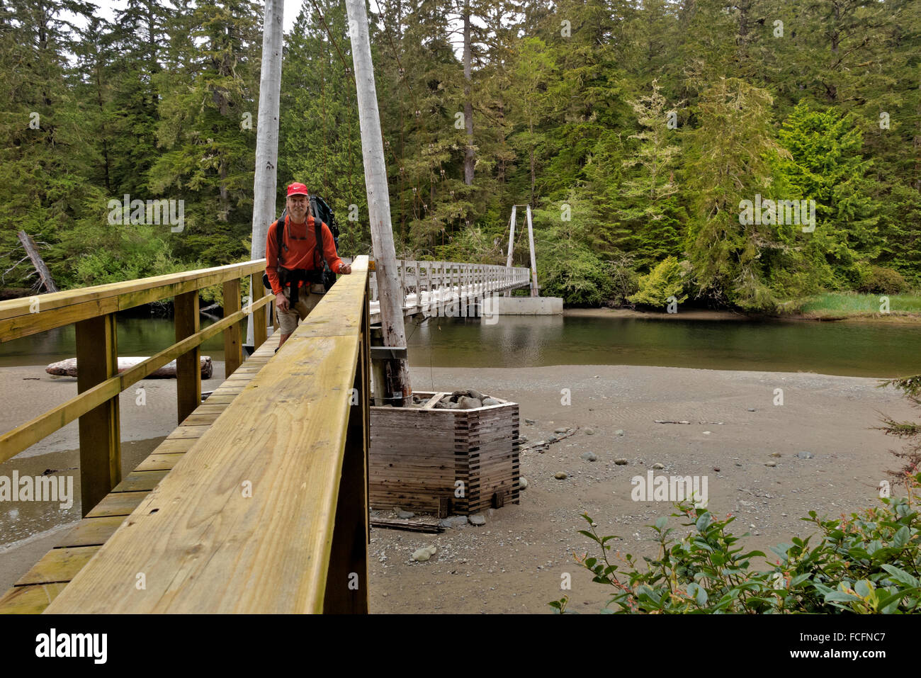 BRITISH COLUMBIA - Wanderer Cheewhat Fluss Brücke auf Vancouver Island an der West Coast Trail im Pacific Rim National Park. Stockfoto