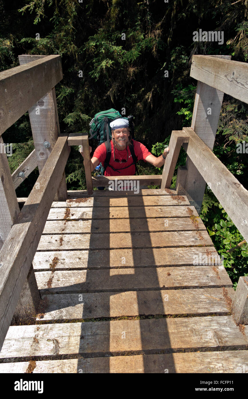 Kanada, BRITISH COLUMBIA - Wanderer den Aufstieg bis zur Sandstein-Creek-Brücke auf Vancouver Island an der West Coast Trail. Stockfoto