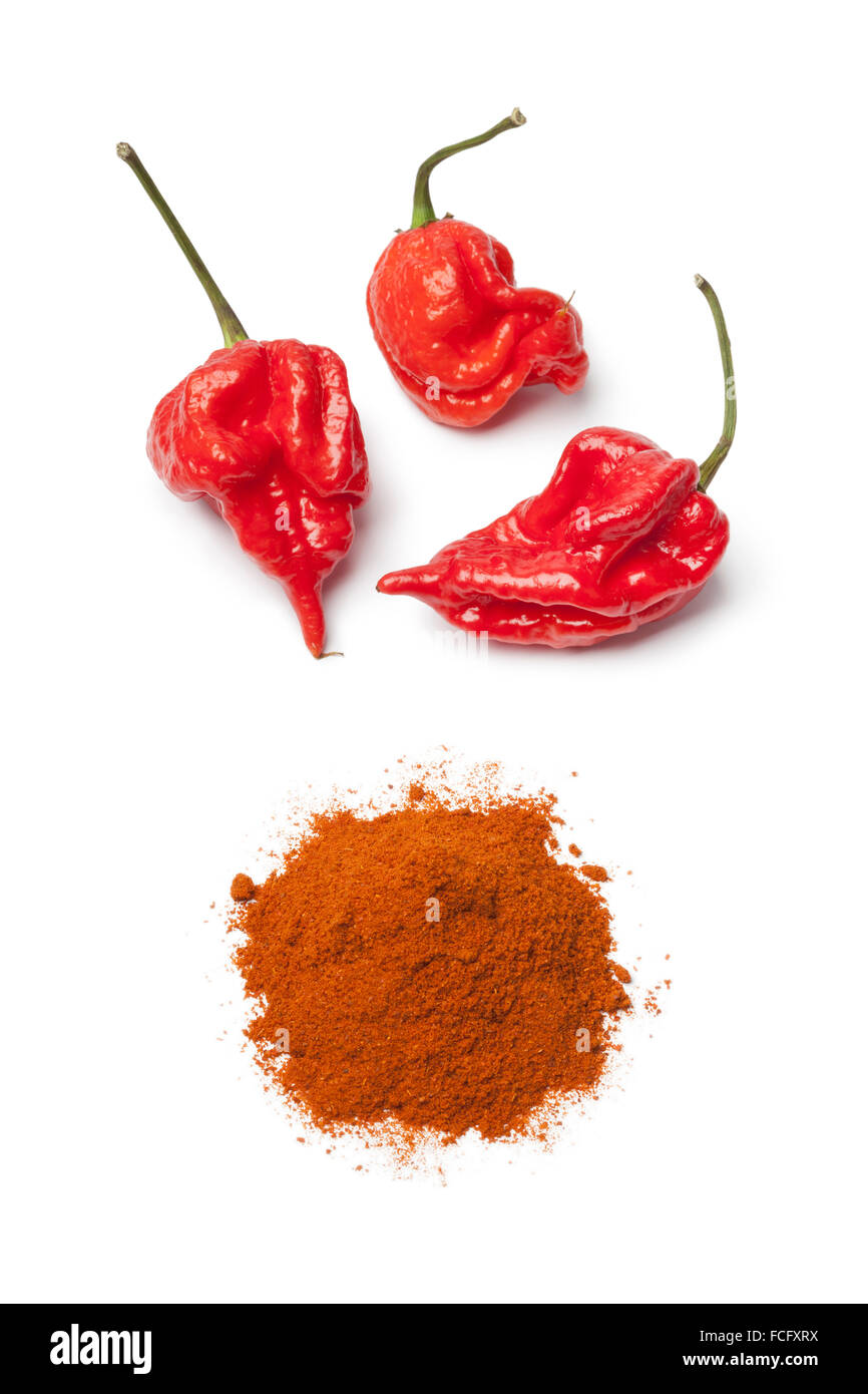 Frische rote heiße Skorpion Chilischoten und Chilipulver auf weißem Hintergrund Stockfoto