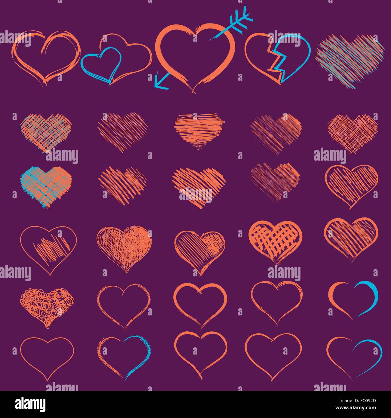Satz von Symbolen Herz, isoliert auf weiss, Vektor. Hand gezeichnet