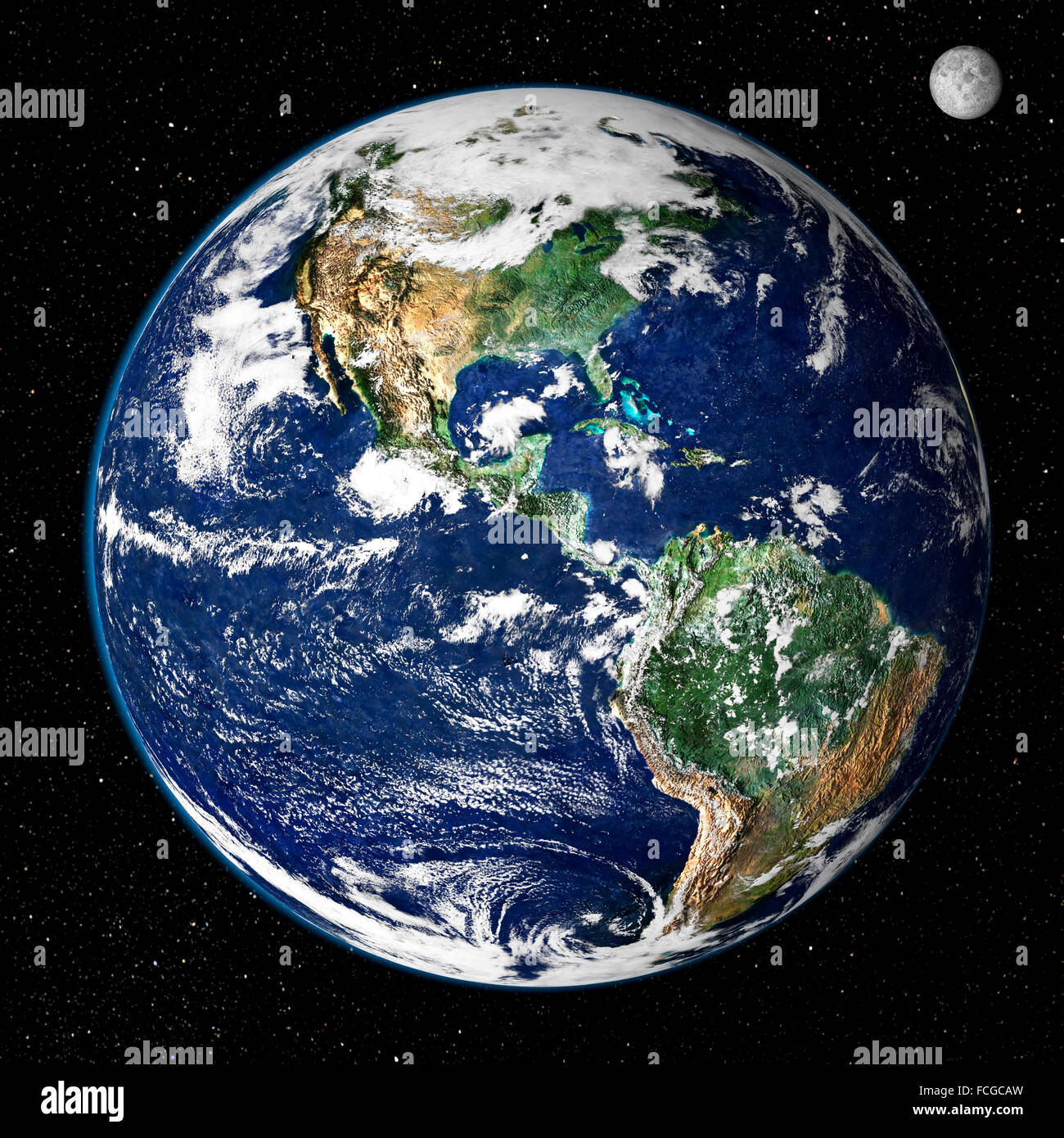 Erde aus dem Weltraum. Dieses True-Color-Bild zeigt Nord- und Südamerika, wie sie aus dem Weltraum 35.000 km (22.000 Meilen) über der Erde erscheinen würden. Das Bild ist eine Kombination von Daten aus zwei Satelliten - Moderate Resolution Imaging Spektroradiometer (MODIS) Instrument an Bord der NASA Satelliten Terra gesammelt die Land-DGM-Daten während der NOAA geostationären operative Umwelt Satelliten (geht) eine Momentaufnahme von der Erde-Wolken produziert. Bild von NASA GSFC Stockfoto