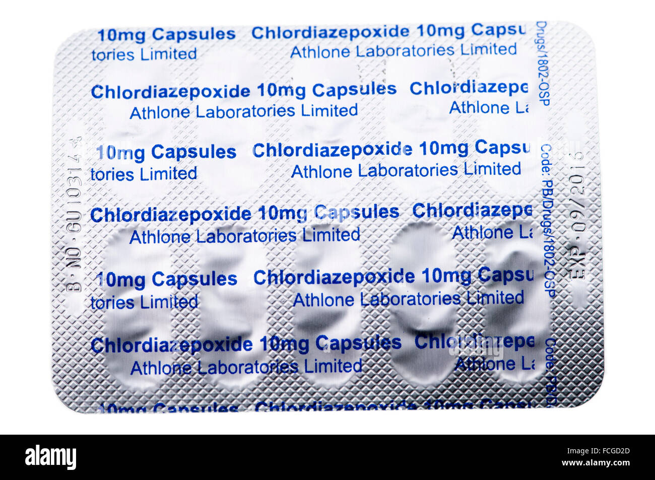 Ein Benzodiazepin Chlordiazepoxid (Librium)-Hydrochlorid Tabletten zur Behandlung von Angst und Alkoholabhängigkeit Stockfoto