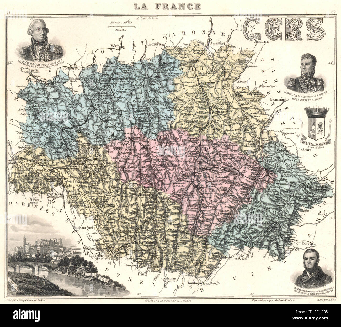 GERS: Gers Département. Auch Vignette. Vuillemin, 1903 Antike Landkarte Stockfoto