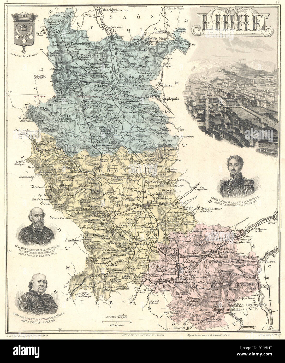 LOIRE: Loire Département. Saint-Étienne Vignette. Vuillemin, 1903 Antike Landkarte Stockfoto