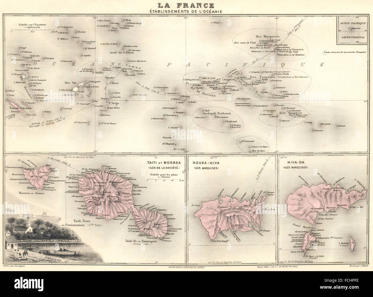 Polynesien: Océanie; Tahiti Moorea; Nouka-Hiva-Oa.Papeete. Vuillemin., 1903-Karte Stockfoto