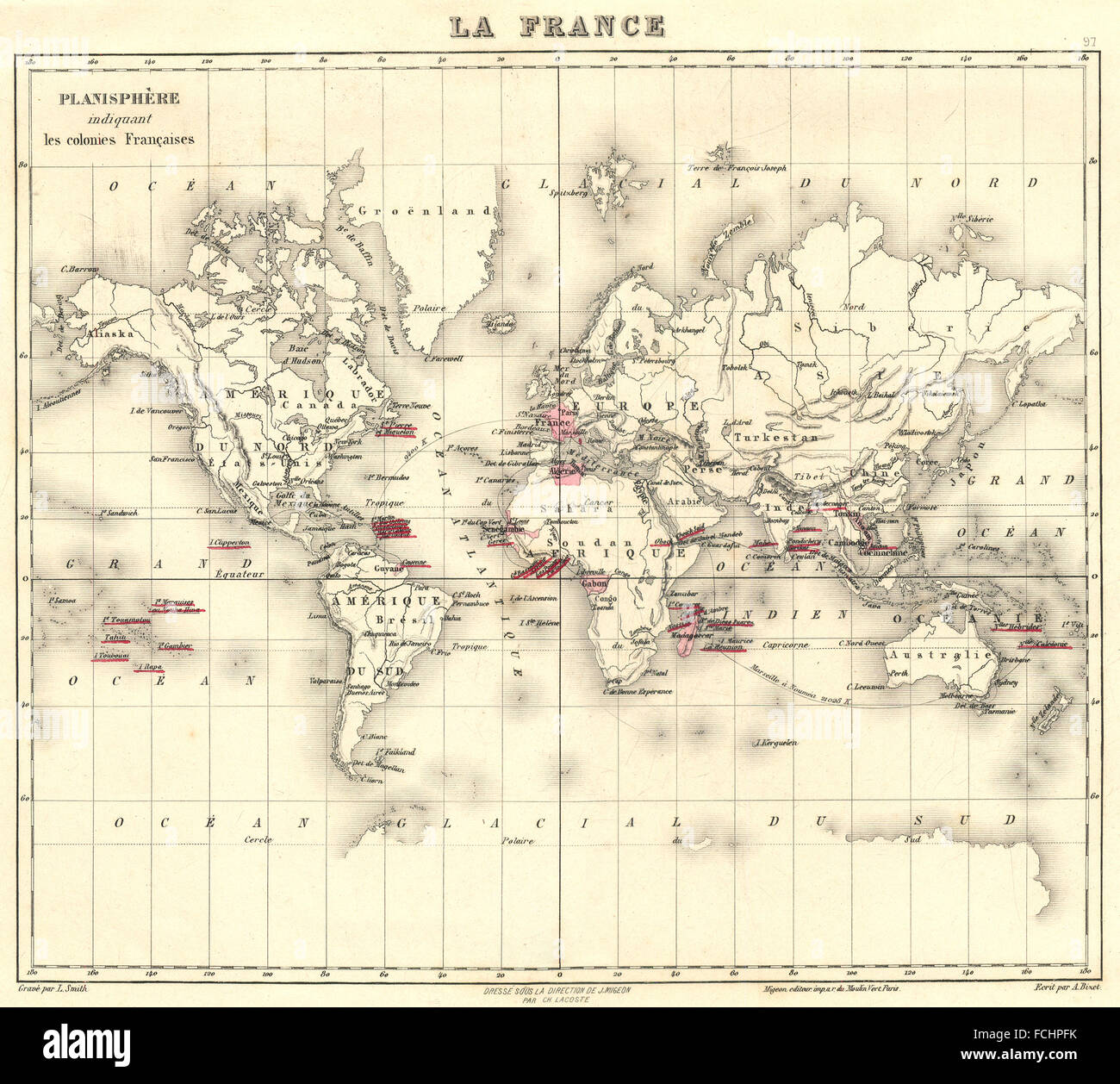 Welt: Indiquant Les Kolonien Françaises. Vuillemin, 1903 Antike Landkarte. Stockfoto