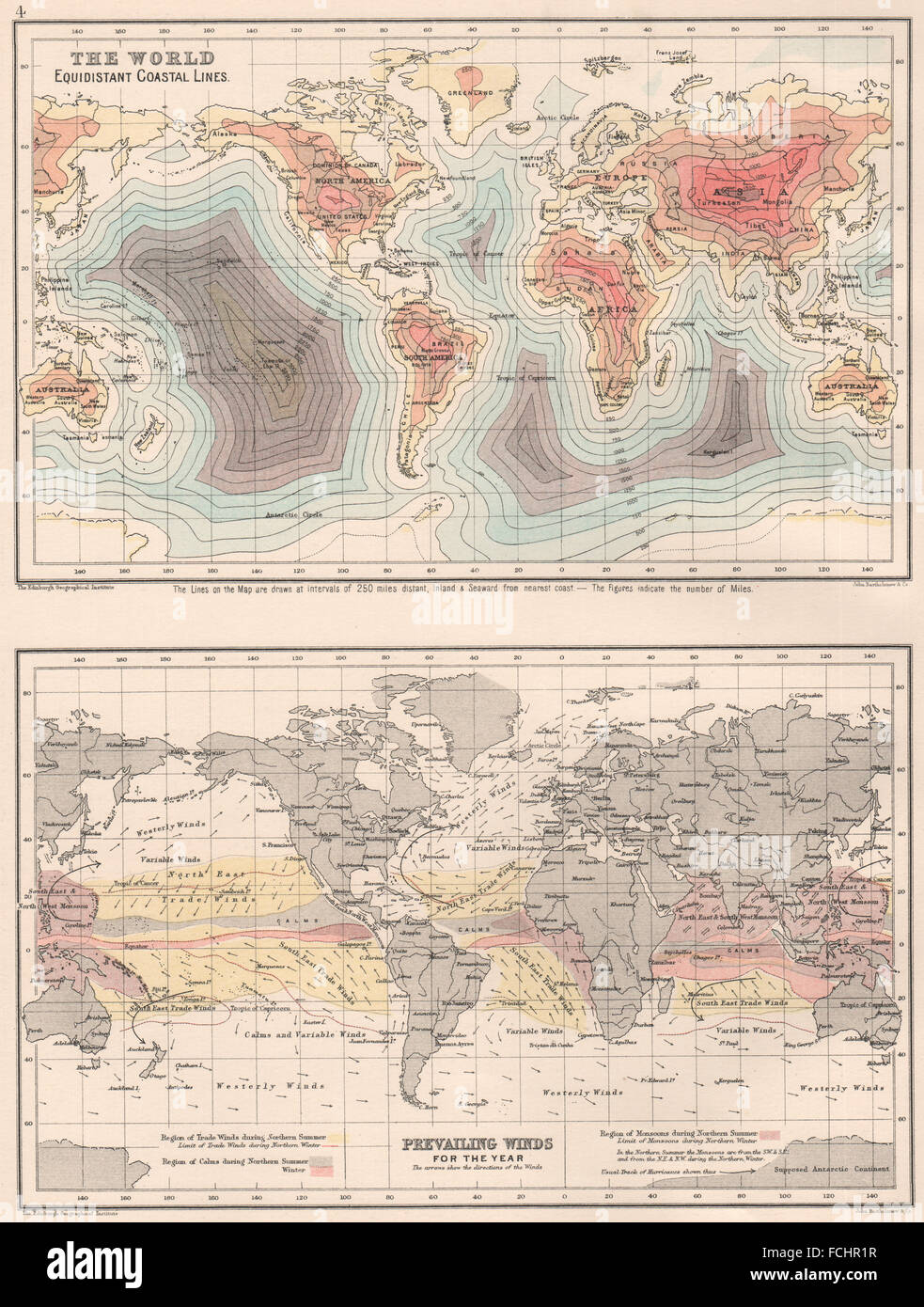 Welt: Äquidistant Strandlinien. Vorherrschende Winde. Bartholomäus, 1891 alte Karte Stockfoto