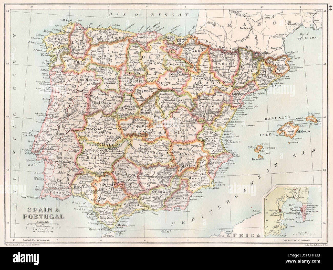 IBERIA: Spanien Provinzen & Portugal; Inset Gibraltar. Bartholomäus, 1891 alte Karte Stockfoto