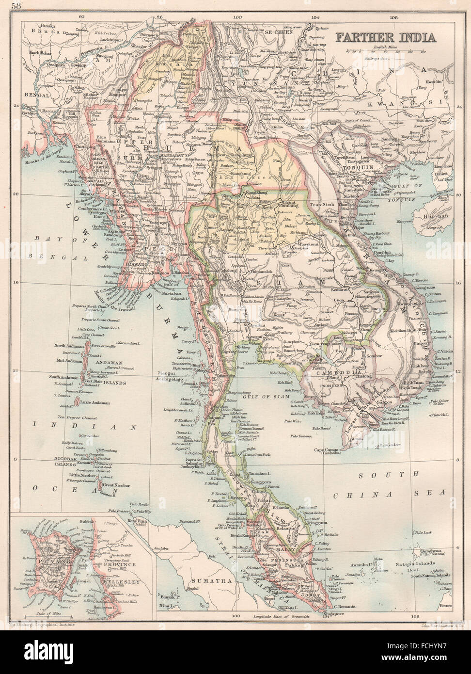 INDOCHINA: "Weiter Indiens". Birma Siam Annam Malaya Tonquin.Inset Penang, 1891-Karte Stockfoto