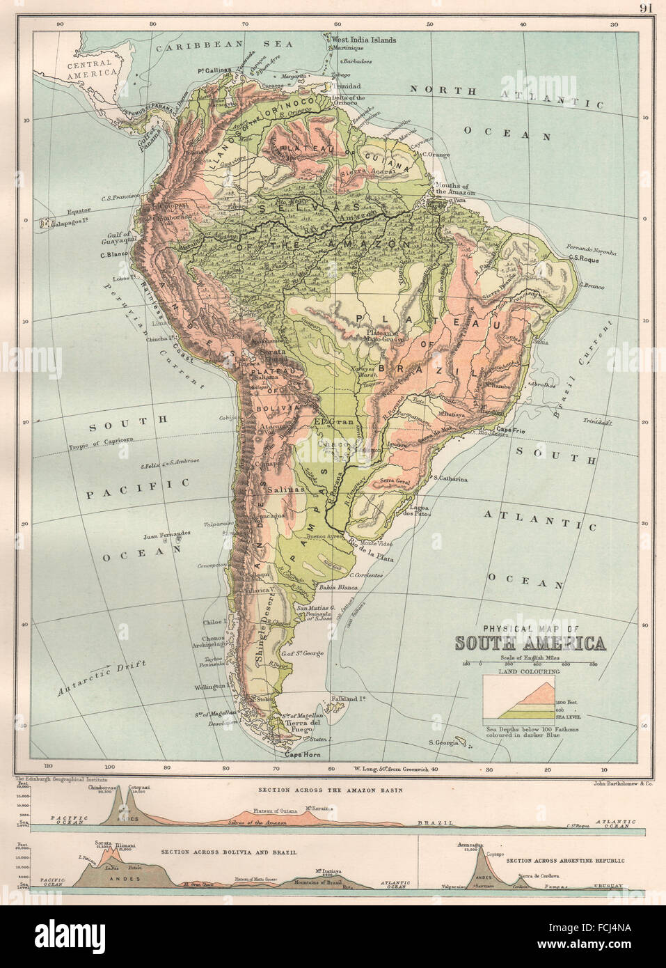 Südamerika: Amazonas-Becken, Bolivien und Brasilien & Argentinien-Chile-Abschnitte, 1891-Karte Stockfoto