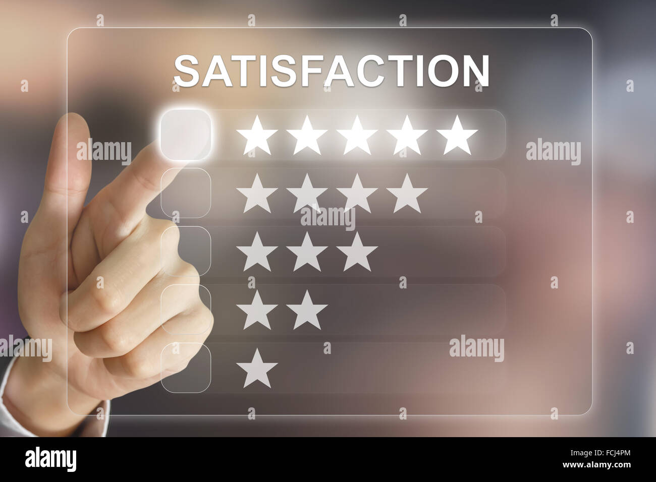 Unternehmen der Hand klicken Zufriedenheit auf virtuellen Bildschirm-Schnittstelle Stockfoto