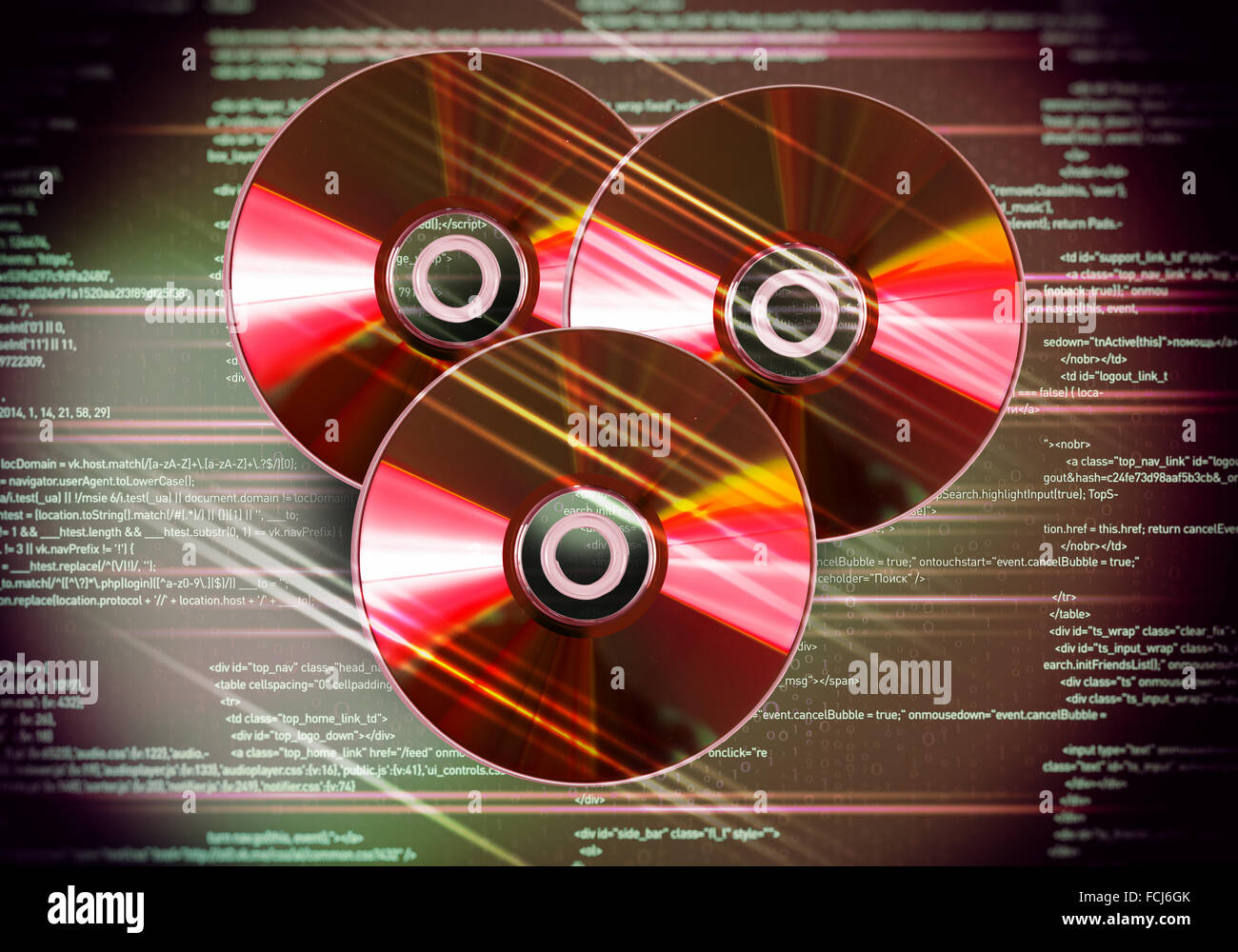 Sammlung von CDs auf rotem Grund digital Stockfoto