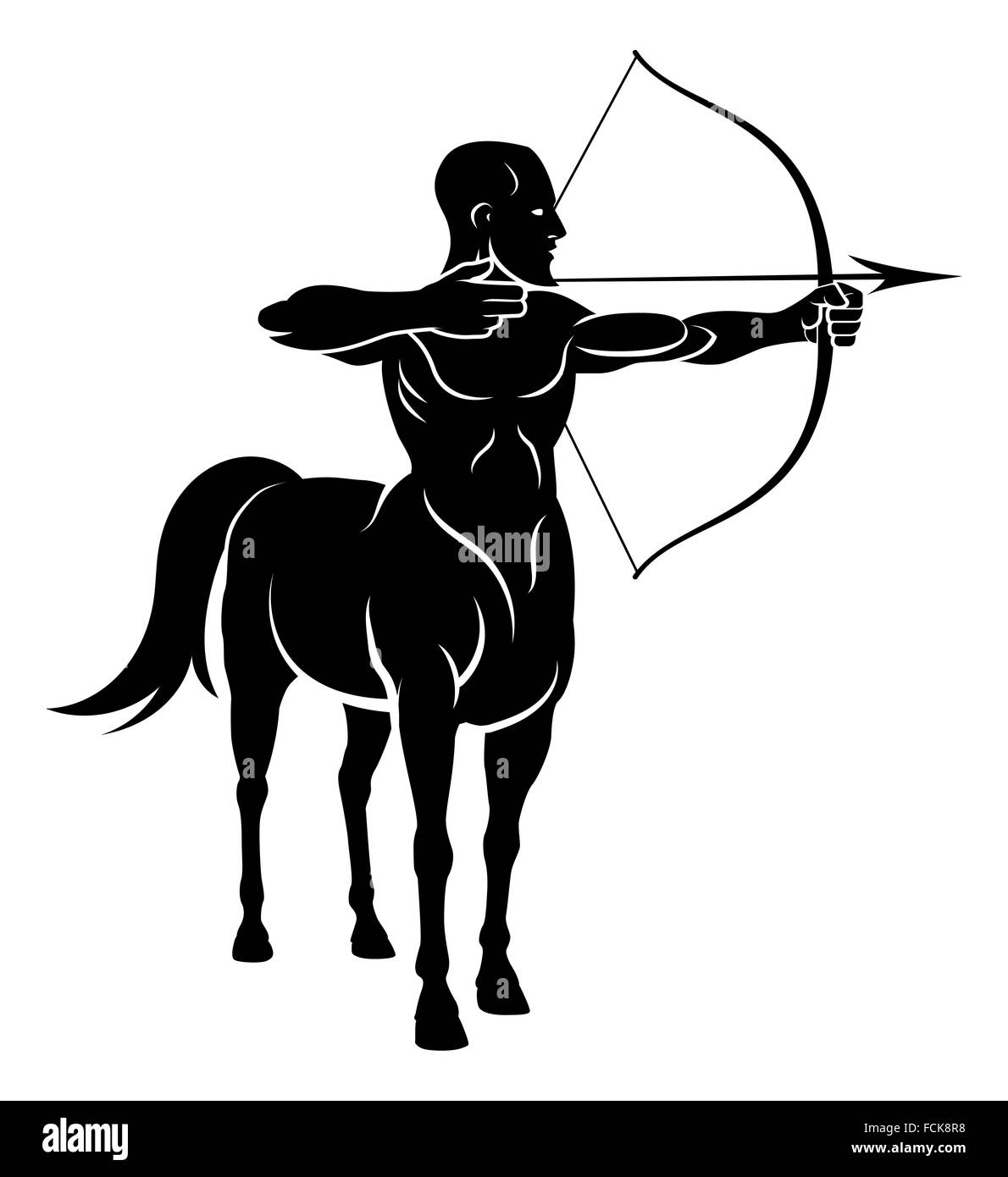Centaur-Konzept der mythischen Zentauren Bogenschütze halb Pferd halb Mensch Charakter hält einen Bogen und Pfeile Stockfoto