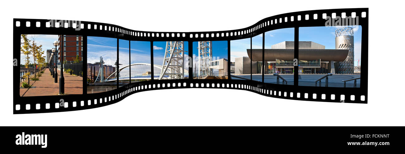 Salford Quays Filmstreifen auf weißem Hintergrund Stockfoto