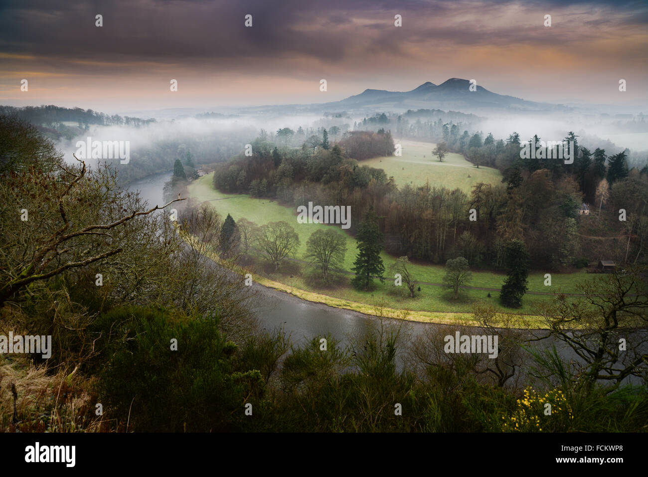 Der Nebel steigt über den Fluss Tweed an Scott's View mit dem Eildon Hills im Hintergrund. Der schottischen Grenzland. Stockfoto