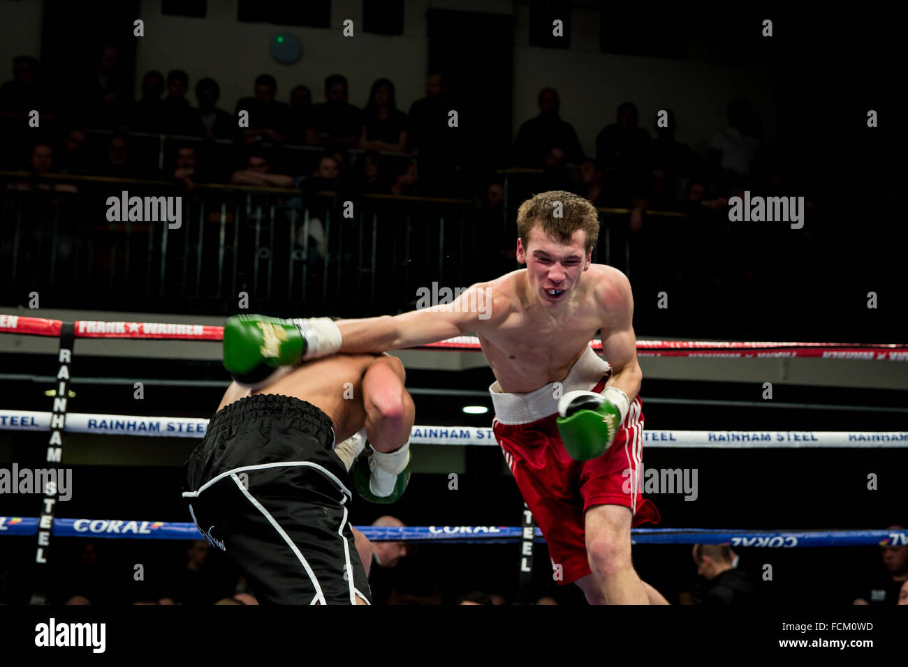 London, UK, 22. Januar 2016. Eine Nacht der Championship Boxing Hall in York, England. DP Carr Niederlagen Aleksandrs Birkenbergs in der internationalen Super-Federgewicht-Wettbewerb. Copyright Carol Moir/Alamy Live News Stockfoto
